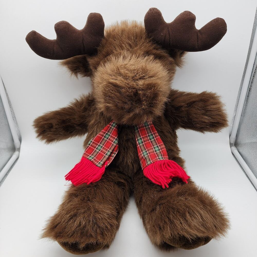 Moose Plush Stuffed Animal Toy 21" Brown Fur Red Plaid Scarf Midwestern Home
